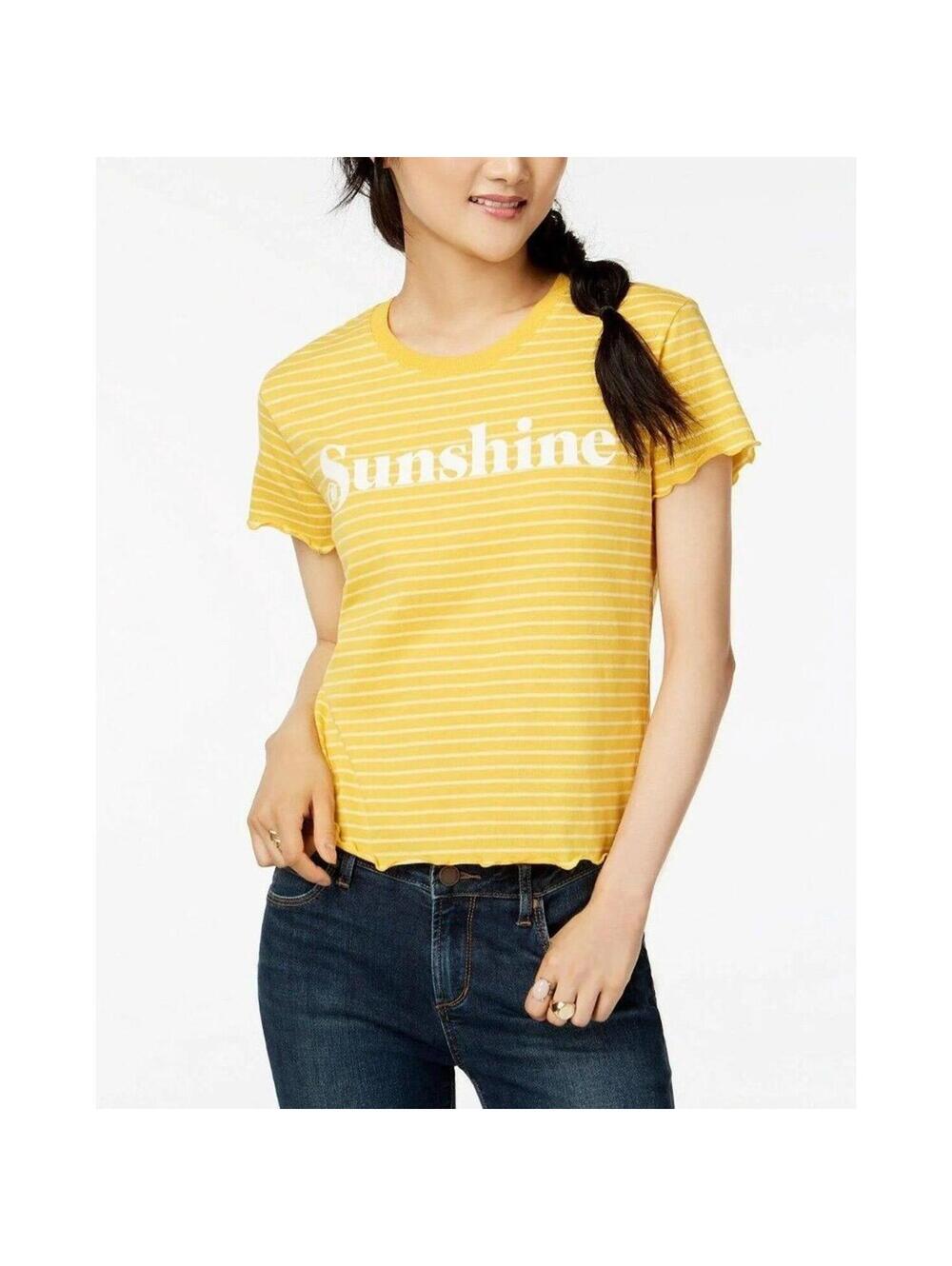 Love Tribe Sunshine Tee Women Size L Yellow White Striped Lettuce Hem